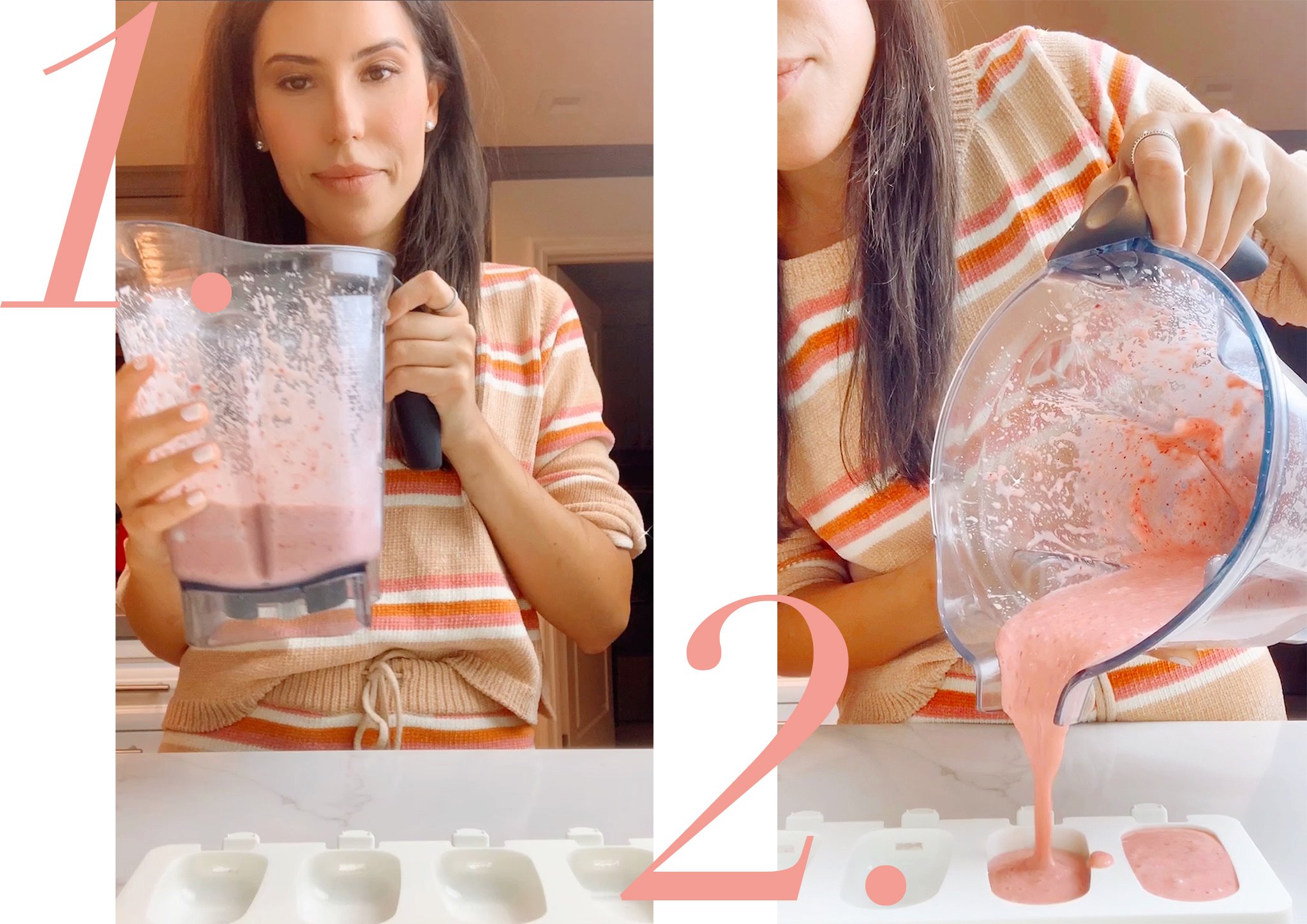 1. shelly bella blending ingredients 2. pouring ingredients into popsicle mold