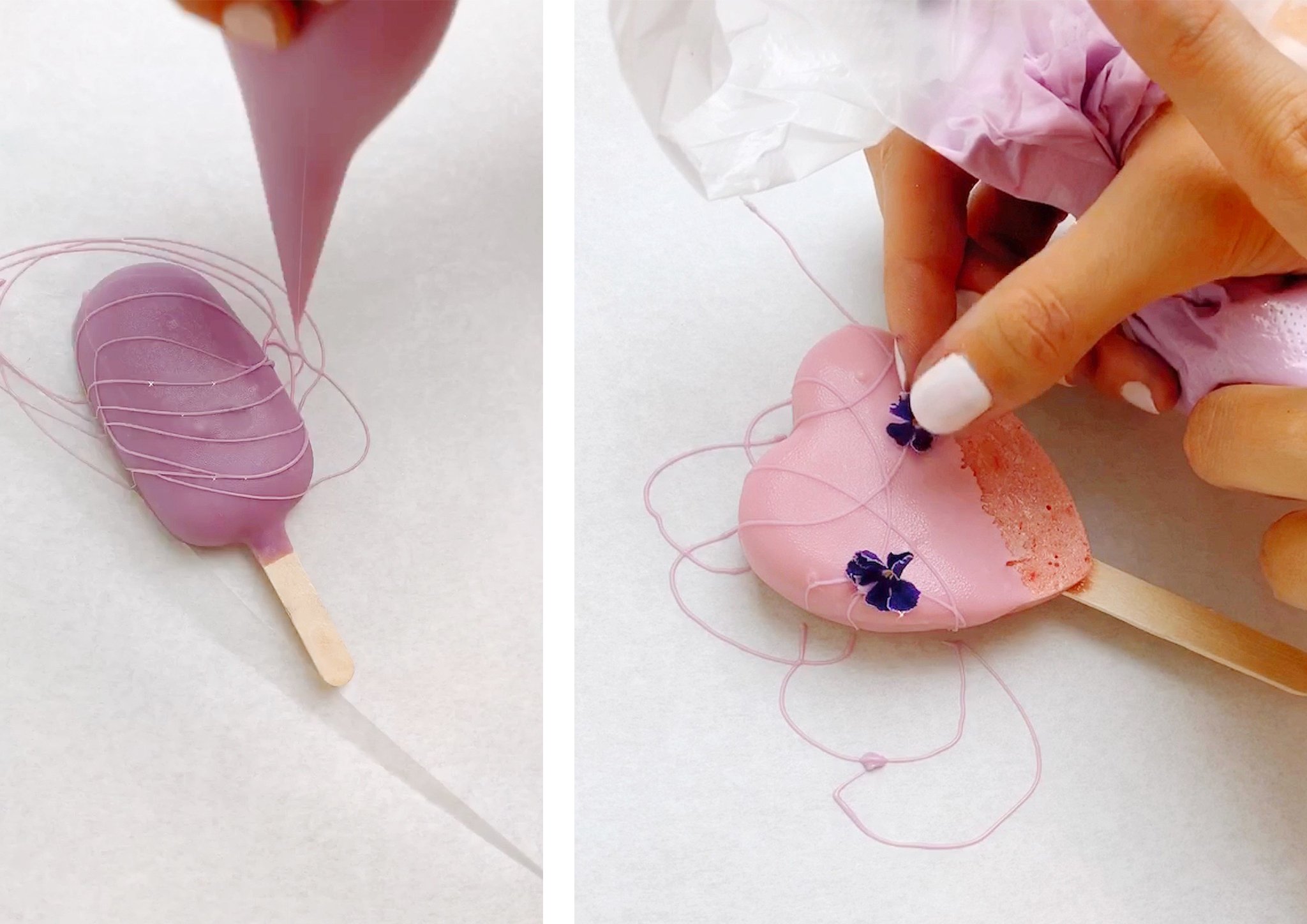 decorating popsicles with chocolate and edible flowers