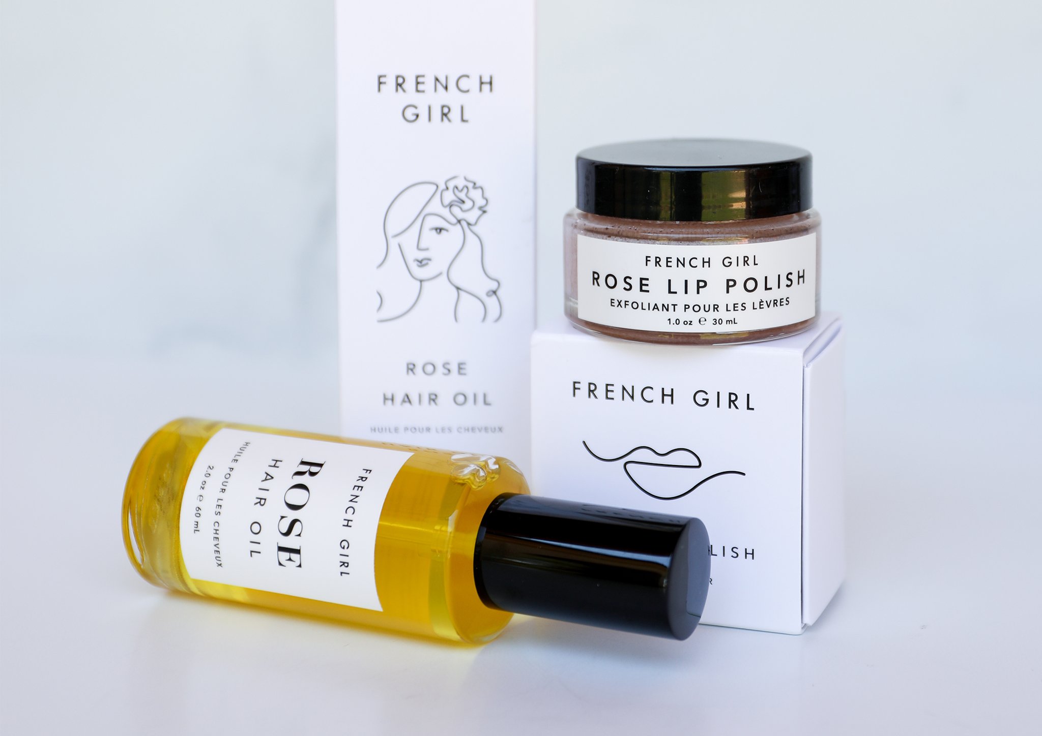 Assorted beauty and skincare products from French Girl organics brand