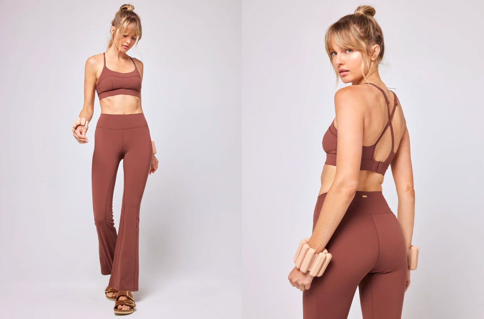 lspace brown active bra and flared legging