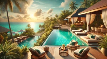 A highly realistic image of a luxurious resort designed for influencers. Feature an elegant infinity pool overlooking a crystal-clear turquoise ocean,