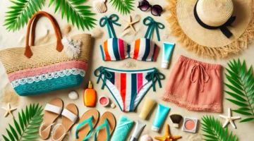 A vibrant, stylish, and tropical-themed flat lay of resort wear essentials for a beach vacation. Include swimsuits, sunglasses, straw hat, beach bag,
