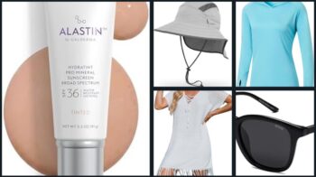 Beach club etiquette and SPF kit collage with lotion hat UPF and cover-up