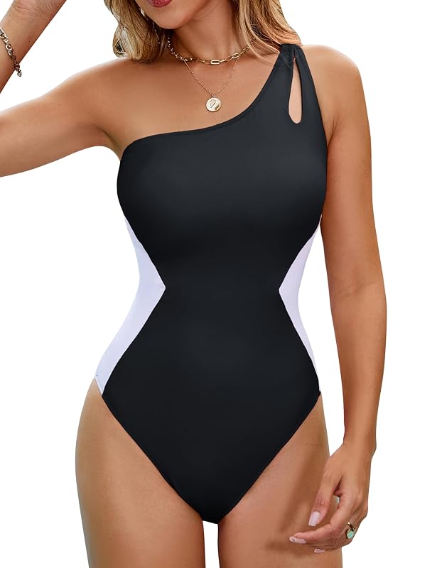 Blooming Jelly black and white one shoulder swimsuit Texas Gulf packing