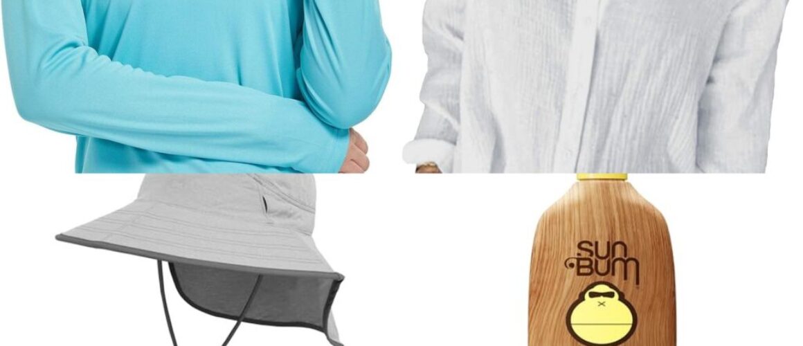 Cabo packing list Amazon sun cart collage: UPF hoodie, linen shirt, hat, SPF