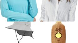 Cabo packing list Amazon sun cart collage: UPF hoodie, linen shirt, hat, SPF