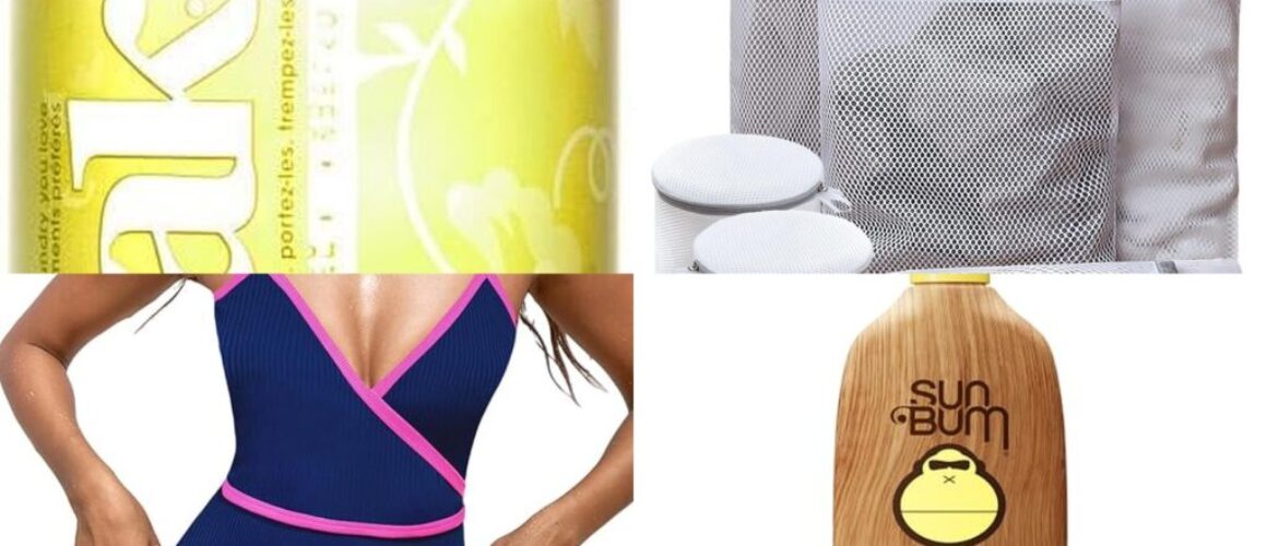 How to wash swimsuits care collage: Soak wash, mesh bags, suit and SPF