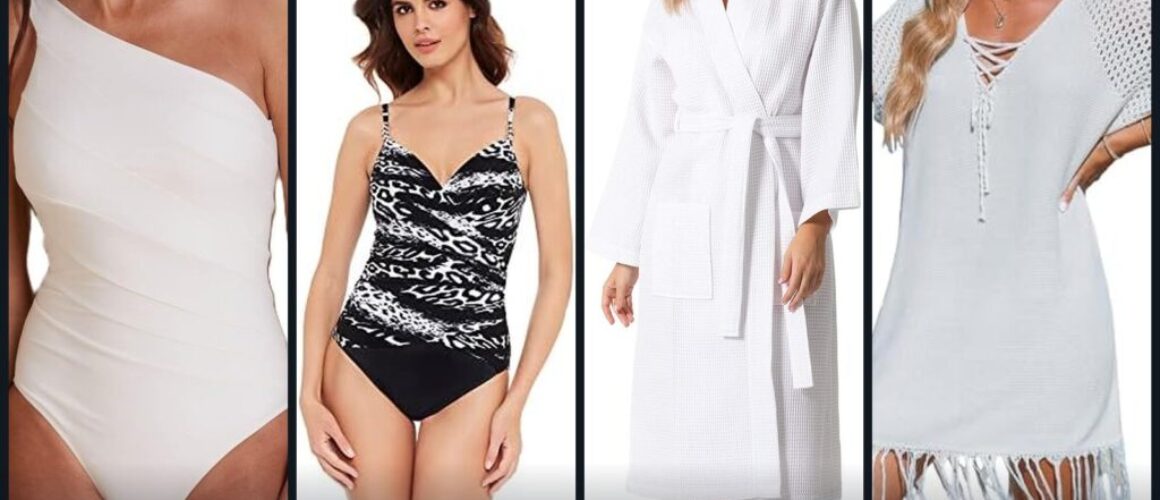 Spa swimsuits collage one-pieces waffle robe and cover-up