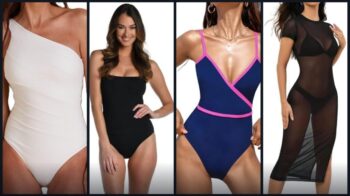 Summer career swim wardrobe collage of polished one-pieces and cover-ups