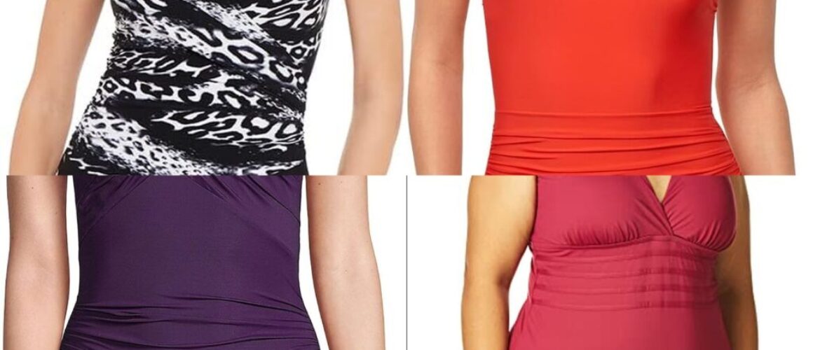 Supportive swimwear for large bust collage: Magicsuit, Lands End, and La Blanca one-pieces