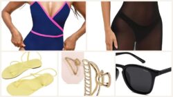 pool to dinner outfit one-piece sheer midi gold sandal collage