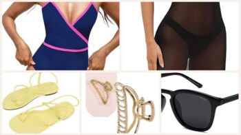 pool to dinner outfit one-piece sheer midi gold sandal collage
