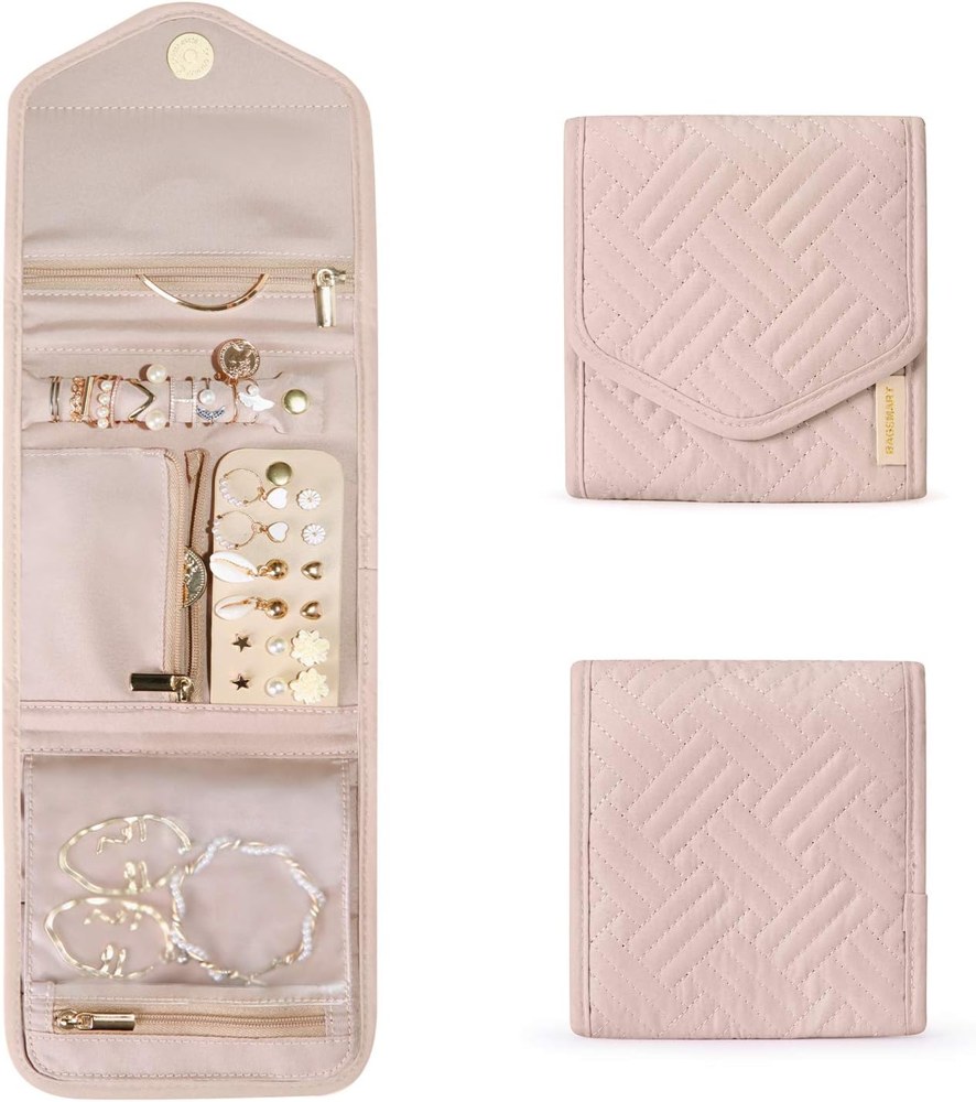 BAGSMART soft pink foldable travel jewelry organizer with ring, earring and necklace zones