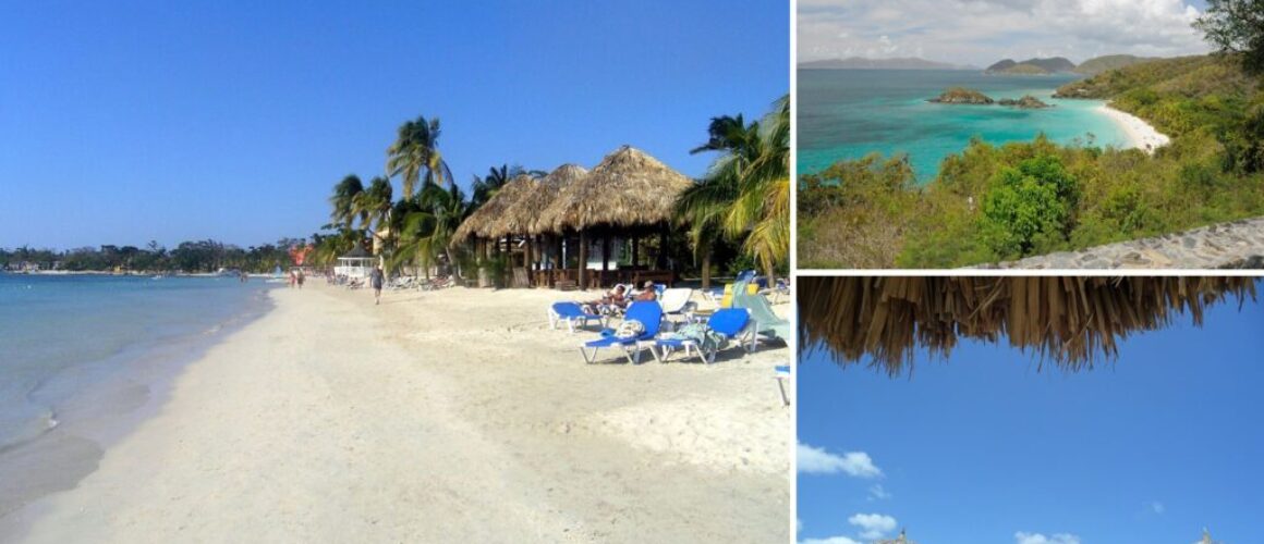 Caribbean all-inclusive packing list collage: a white-sand beach with thatched huts and loungers at Sandals Negril, Trunk Bay on St. John from the overlook, and palapa umbrellas on Eagle Beach, Aruba