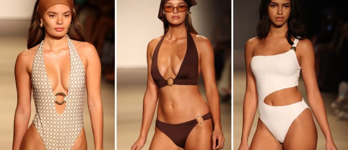 Gold hardware swimwear at Miami Swim Week 2026: a ring-front plunge one-piece and an O-ring bikini at Monday Swimwear beside a Melissa Odabash one-shoulder suit