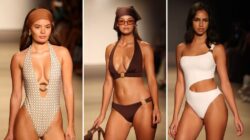 Gold hardware swimwear at Miami Swim Week 2026: a ring-front plunge one-piece and an O-ring bikini at Monday Swimwear beside a Melissa Odabash one-shoulder suit