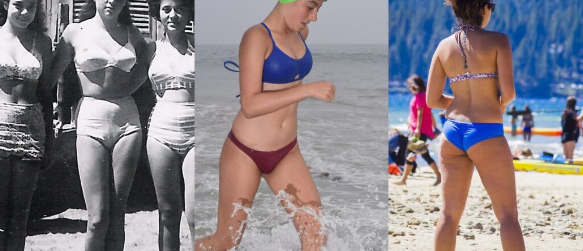 high waist vs high leg bikini side-by-side resort swim silhouettes collage