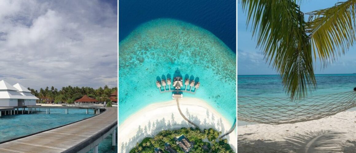 Maldives packing list collage: an overwater villa boardwalk, an aerial view of water villas on a turquoise lagoon, and a hammock under palms on a white-sand beach