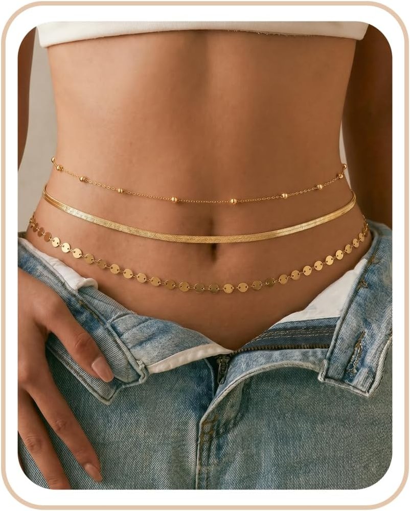 SISICHIC layered 18K gold-finish body chain in 316L stainless steel, worn at the waist