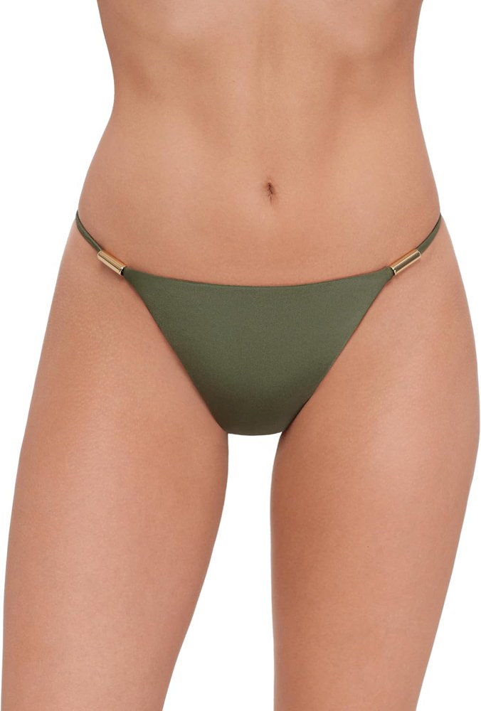 Steve Madden olive strap-side hipster bikini bottom with gold hardware at the hips