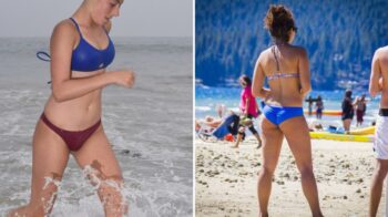 swim top and bottom in different sizes: two mix-and-match bikini beach moments in a collage